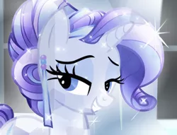 Size: 1414x1078 | Tagged: safe, derpibooru import, screencap, rarity, crystal pony, pony, cropped, crystal rarity, ear piercing, earring, female, grin, jewelry, mare, piercing, smiling, solo