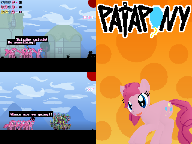 Size: 640x480 | Tagged: safe, artist:oddwarg, derpibooru import, pinkie pie, earth pony, pony, crossover, dialogue, fan game, female, game, mare, patapon, rhythm game, speech bubble