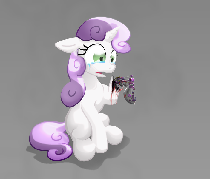 Size: 1600x1366 | Tagged: safe, artist:oddwarg, derpibooru import, sweetie belle, pony, robot, robot pony, unicorn, blank flank, crying, damaged, female, filly, floppy ears, foal, gray background, hooves, horn, robot gore, sad, simple background, sitting, solo, sweetie bot