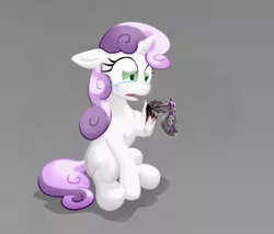 Size: 1600x1366 | Tagged: safe, artist:oddwarg, derpibooru import, sweetie belle, pony, robot, robot pony, unicorn, blank flank, crying, damaged, female, filly, floppy ears, foal, gray background, hooves, horn, robot gore, sad, simple background, sitting, solo, sweetie bot