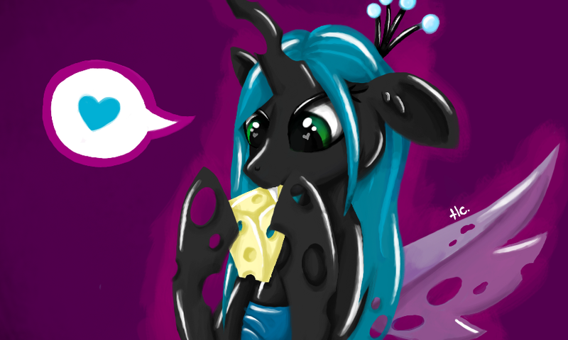 Size: 854x512 | Tagged: artist:silvercommando, changeling, changeling queen, cheese, dead source, derpibooru import, female, heart, queen chrysalis, safe, solo