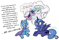 Size: 800x554 | Tagged: artist:yamino, derpibooru import, edit, horns are touching, princess celestia, princess luna, quote, s1 luna, safe, shipping, simple background, stephen fry, trixie, twilestia, twilight sparkle, vulgar