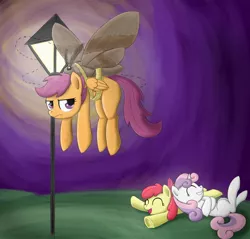 Size: 1998x1907 | Tagged: safe, artist:otakuap, derpibooru import, apple bloom, scootaloo, sweetie belle, oc, oc:fluffy the bringer of darkness, earth pony, giant moth, insect, moth, pegasus, pony, unicorn, animal, bow, cutie mark crusaders, eyes closed, female, filly, frown, giant insect, grin, hair bow, image, jpeg, lamp, laughing, light, night, on back, prone, rope, scootaloo can't fly, scootaloo is not amused, smiling, streetlight, unamused, underhoof