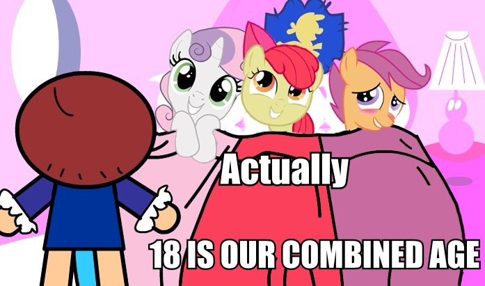 Size: 697x411 | Tagged: apple bloom, austin powers, bedroom, cutie mark crusaders, derpibooru import, image macro, implied foalcon, meme, parody, questionable, scootaloo, sweetie belle, text, the powerpuff girls