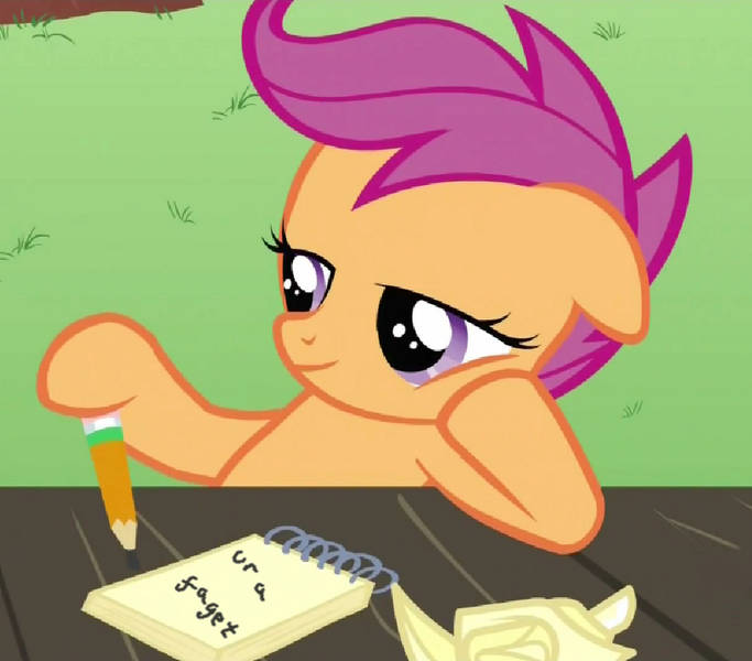 Size: 814x715 | Tagged: derpibooru import, faget, meme, safe, scootaloo, slur, ur a faget, vulgar