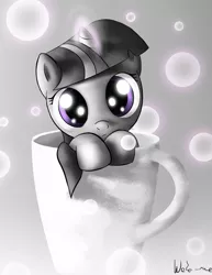 Size: 2499x3232 | Tagged: safe, artist:neko-me, derpibooru import, twilight sparkle, pony, unicorn, cup, cup of pony, cute, filly twilight sparkle, grayscale, looking at you, micro, monochrome, mug, neo noir, partial color, solo, twiabetes, unicorn twilight
