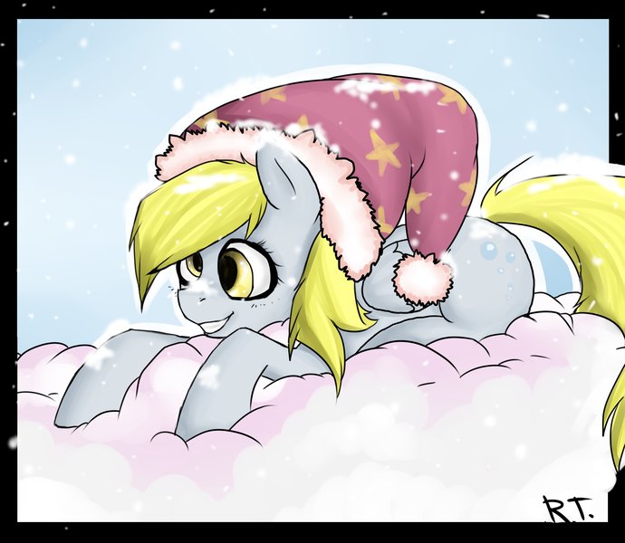 Size: 2300x2000 | Tagged: safe, artist:sonatatravina, derpibooru import, derpy hooves, pegasus, pony, female, hat, mare, santa hat, solo