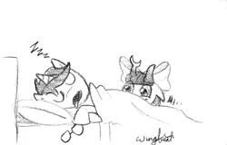 Size: 855x547 | Tagged: safe, artist:wingbeatpony, derpibooru import, oc, oc:lightning dee, oc:windows, unofficial characters only, bed, blushing, eyes closed, glasses, horns, monochrome, open mouth, sleeping, soon, tongue out, zzz