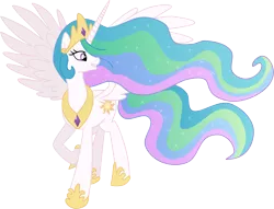 Size: 6548x5000 | Tagged: safe, artist:pinkiemina, derpibooru import, princess celestia, pony, absurd resolution, female, grin, looking back, mare, raised hoof, simple background, smiling, solo, spread wings, transparent background, vector