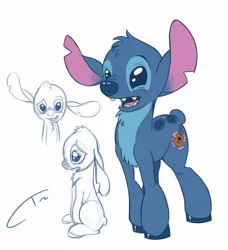 Size: 1528x1672 | Tagged: artist:cybertoaster, crossover, derpibooru import, floppy ears, lilo and stitch, nose wrinkle, open mouth, ponified, sad, safe, smiling, solo, stitch