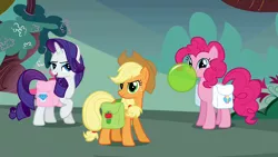 Size: 1280x720 | Tagged: safe, derpibooru import, screencap, applejack, pinkie pie, rarity, earth pony, pony, unicorn, dragonshy, season 1, balloon, blowing up balloons, female, mare, saddle bag, trio