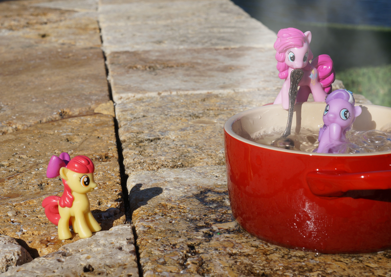 Size: 988x701 | Tagged: abuse, apple bloom, blind bag, cooked alive, cooking, derpibooru import, diamond tiara, implied cannibalism, irl, outdoors, photo, pinkie pie, pony as food, safe, soup, steam, tiarabuse, toy