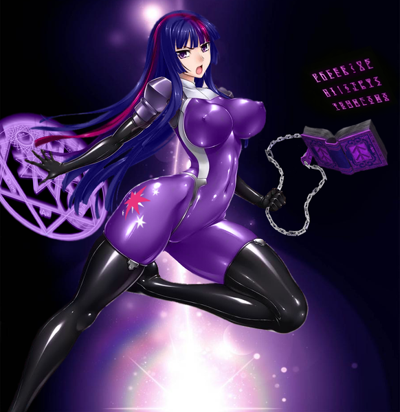 Size: 980x1011 | Tagged: artist:rammbrony, artist:rindou, belly button, big breasts, book, boots, breasts, busty twilight sparkle, chains, circle, clothes, curvy, cutie mark on clothes, derpibooru import, edit, erect nipples, evening gloves, female, humanized, latex, latex suit, magic, magic circle, nipple outline, nipples, open mouth, questionable, runes, solo, solo female, thigh highs, twilight sparkle