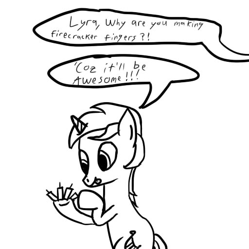 Size: 512x512 | Tagged: artist needed, safe, derpibooru import, lyra heartstrings, pony, unicorn, 30 minute art challenge, dialogue, firecracker, hand, monochrome, offscreen character, simple background, solo, that pony sure does love hands, white background