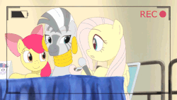 Size: 640x360 | Tagged: safe, artist:deannart, derpibooru import, apple bloom, fluttershy, twilight sparkle, zecora, pony, zebra, .mov, shed.mov, andrea libman, animated, anime style, bedroom eyes, duo, equestria la, female, frame by frame, gif, hooves on the table, image, implied tara strong, innocence.mov, microphone, recording, shocking the cast, stay out of my shed, tardy, voice actor joke, youtube, youtube link
