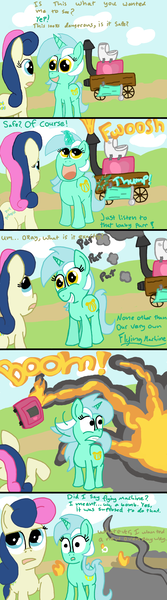 Size: 1000x3600 | Tagged: artist:roflpony, bon bon, comic, derpibooru import, explosion, flying machine, lyra heartstrings, safe, sweetie drops, toilet