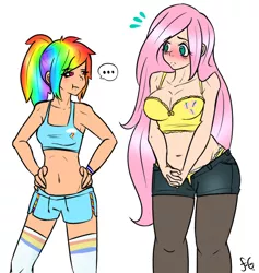 Size: 1200x1268 | Tagged: artist:fatcakes, belly button, bra, breasts, busty fluttershy, cleavage, clothes, curvy, derpibooru import, female, fluttershy, frilly underwear, human, humanized, midriff, panties, plump, rainbow dash, shorts, skinny, suggestive, underwear, yellow underwear