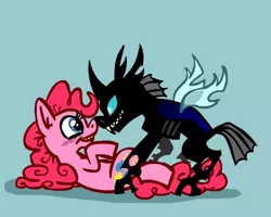 Size: 500x400 | Tagged: artist:coyotecoyote, changeling, derpibooru import, doomie, doomie pie, on back, on top, pinkie pie, safe, shipping