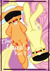 Size: 1741x2500 | Tagged: suggestive, artist:pyruvate, derpibooru import, applejack, fluttershy, pony, comic:the usual, comic:the usual part 3, applesub, ballgag, blindfold, bondage, comic, comic cover, cover, female, femsub, fluttersub, gag, image, jpeg, on back, spa pony applejack, submissive