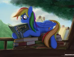 Size: 1300x1000 | Tagged: safe, artist:rublegun, derpibooru import, daring do, rainbow dash, book, book nest, cute, dashabetes, pile, reading