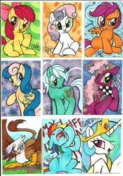 Size: 700x1002 | Tagged: safe, artist:shinyumbie, derpibooru import, apple bloom, bon bon, cheerilee, gilda, lyra heartstrings, princess celestia, rainbow dash, scootaloo, sweetie belle, sweetie drops, gryphon, 80s, 80s cheerilee