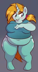 Size: 548x1044 | Tagged: anthro, artist:sb, belly, belly button, blushing, breasts, busty sugar, chubby, clothes, derpibooru import, fat, female, impossibly wide hips, midriff, muffin top, panties, rule 63, snips, solo, solo female, sugar, suggestive, thighs, thong, underwear, wide hips
