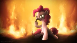 Size: 1920x1080 | Tagged: safe, artist:fongsaunder, derpibooru import, pinkie pie, pony, evil, fire, moustache, sitting, solo