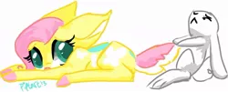 Size: 943x381 | Tagged: angel bunny, artist:piptart, dead source, deer, deerified, derpibooru import, flutterdeer, fluttershy, rabbit, safe, simple background, species swap, tail pull, white background