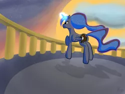 Size: 1600x1200 | Tagged: artist:necrath, balcony, derpibooru import, magic, princess luna, safe, solo, sunset