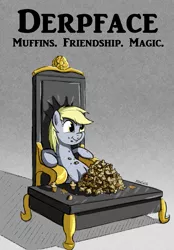 Size: 543x781 | Tagged: safe, artist:junkiekb, derpibooru import, derpy hooves, pegasus, pony, female, mare, muffin, parody, scarface, sitting, solo