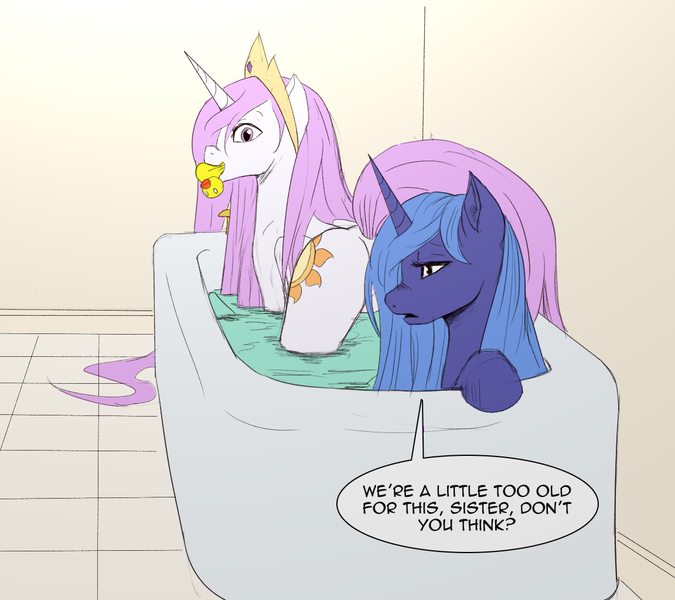 Size: 1152x1024 | Tagged: safe, artist:jalm, artist:tytan, derpibooru import, princess celestia, princess luna, alicorn, pony, bath, cute, cutelestia, dialogue, female, frown, looking back, lunabetes, mouth hold, nom, nose wrinkle, open mouth, pink-mane celestia, plot, rubber duck, s1 luna, sisters, smiling, strategically covered, sunbutt, unamused, water, wet, wet mane, younger