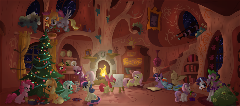 Size: 5000x2215 | Tagged: safe, artist:stinkehund, derpibooru import, apple bloom, applejack, big macintosh, cheerilee, derpy hooves, fluttershy, lyra heartstrings, pinkie pie, rainbow dash, rarity, scootaloo, spike, sweetie belle, twilight sparkle, dragon, earth pony, pegasus, pony, unicorn, applepie, book, bridle, cheerimac, christmas, christmas tree, collar, cutie mark crusaders, dark, detailed, female, fireplace, flutterbloom, flying, golden oaks library, holly, holly mistaken for mistletoe, interior, leash, lesbian, library, lyrabon, male, mane seven, mane six, mare, painting, riding, rope, saddle, scootaloo can't fly, shipping, sleeping, sparity, straight, tack, tree, twidash, unicorn twilight, vector