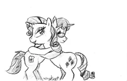 Size: 853x547 | Tagged: artist:wingbeatpony, derpibooru import, hug, monochrome, oc, oc:burnt-toaster, rarity, safe