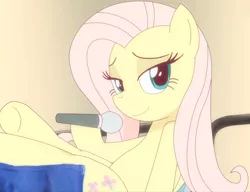 Size: 1156x890 | Tagged: safe, artist:deannart, derpibooru import, fluttershy, pegasus, pony, .mov, bedroom eyes, female, hooves on the table, innocence.mov, looking at you, mare, microphone, shocking the cast, smiling, solo, stupid sexy fluttershy, youtube