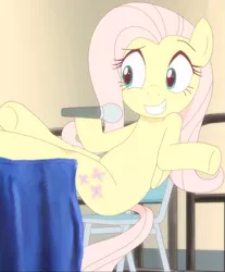 Size: 691x836 | Tagged: safe, artist:deannart, derpibooru import, fluttershy, pegasus, pony, .mov, female, hooves on the table, innocence.mov, mare, microphone, shocking the cast, shrug, smiling, youtube