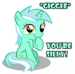 Size: 1280x1268 | Tagged: artist:sintakhra, derpibooru import, dialogue, filly, filly lyra, giggling, laughing, looking at you, lyra heartstrings, safe, simple background, smiling, solo, white background
