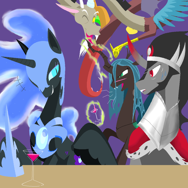 Size: 1000x1000 | Tagged: safe, artist:jun, derpibooru import, discord, king sombra, nightmare moon, queen chrysalis, antagonist, drunk, female, image, magic, male, pixiv, png, shipping, sombramoon, straight, wine