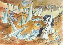 Size: 3234x2319 | Tagged: safe, artist:xx2wolffeather1xx, derpibooru import, derpy hooves, rarity, twilight sparkle, pegasus, pony, cave, crystal, female, mare, traditional art, watercolor painting