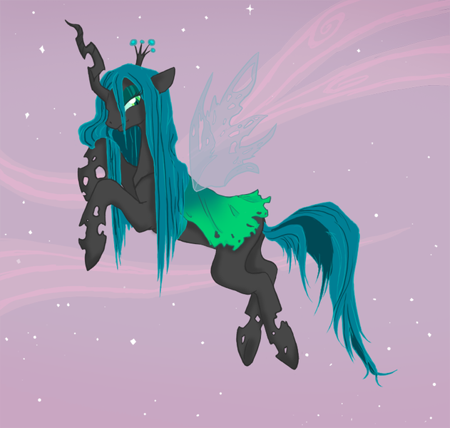 Size: 800x761 | Tagged: artist:clockworknightmare, bedroom eyes, changeling, changeling queen, clothes, derpibooru import, dress, female, queen chrysalis, safe, solo