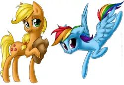 Size: 2314x1589 | Tagged: safe, artist:madelonetjj, derpibooru import, applejack, rainbow dash, earth pony, pegasus, pony, female, flying, holding, mare, simple background, smiling, white background