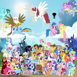 Size: 2000x2000 | Tagged: safe, artist:smwstudios, derpibooru import, apple bloom, applejack, babs seed, berry punch, berryshine, big macintosh, bon bon, caramel, carrot top, catrina, cheerilee, daisy, derpy hooves, diamond tiara, discord, doctor whooves, fancypants, firefly, flam, fleur-de-lis, flim, fluttershy, gilda, glory, golden delicious, golden harvest, granny smith, hoity toity, king sombra, lyra heartstrings, mayor mare, megan williams, minty, minuette, octavia melody, photo finish, pinkie pie, posey, prince blueblood, princess cadance, princess celestia, princess luna, queen chrysalis, rainbow dash, rarity, roseluck, sapphire shores, scootaloo, screwball, shining armor, silver spoon, spike, spring melody, sprinkle medley, sundance, surprise, sweetie belle, sweetie drops, time turner, trixie, twilight sparkle, twist, vinyl scratch, oc, oc:fausticorn, earth pony, gryphon, pony, 30th anniversary, apple family member, bedroom eyes, bowtie, cloud, cloudy, cutie mark crusaders, everypony, flim flam brothers, flying, g1, g1 to g4, generation leap, glare, grin, happy, hug, lauren faust, looking at you, male, open mouth, smiling, smirk, so much pony, spread wings, stallion, wink