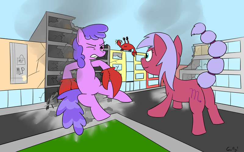 Size: 2400x1500 | Tagged: safe, artist:rapidstrike, derpibooru import, oc, oc:cancer, oc:scorpio, ponified, crab, giant crab, kaiju, kaiju pony, pony, building, cancer (horoscope), city, destruction, fight, giant pony, giantess, horoscope, hybrid pony, macro, one eye closed, plot, ponyscopes, scorpio, zodiac