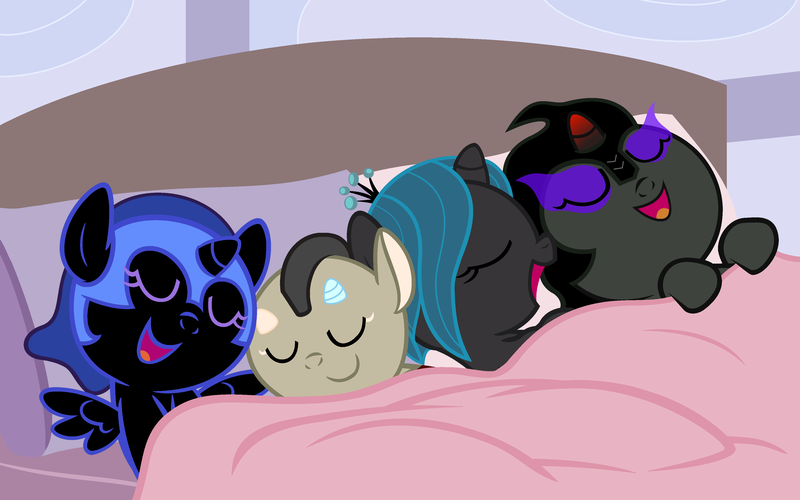 Size: 4000x2500 | Tagged: safe, artist:beavernator, derpibooru import, discord, king sombra, nightmare moon, queen chrysalis, alicorn, changeling, draconequus, nymph, pony, unicorn, baby, baby pony, bed, c:, cute, cutealis, discute, eyes closed, moonabetes, open mouth, pillow, sleeping, smiling, sombradorable