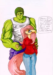 Size: 907x1280 | Tagged: anthro, artist:djpuppeh, clothes, crossover shipping, derpibooru import, female, fluttershy, male, safe, shipping, straight, sweater, sweatershy, the incredible hulk