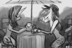 Size: 1280x861 | Tagged: safe, artist:tarantad0, derpibooru import, applejack, rarity, female, lesbian, monochrome, rarijack, shipping, table, tea party