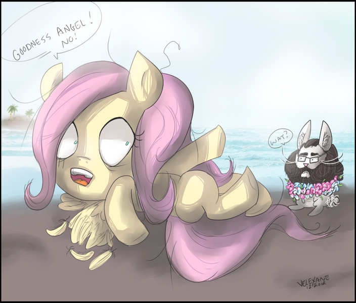 Size: 836x713 | Tagged: angel bunny, artist:velexane, beard, derpibooru import, fluttershy, lei, safe