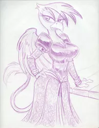 Size: 850x1100 | Tagged: suggestive, artist:trollie trollenberg, derpibooru import, gilda, anthro, gryphon, breasts, busty gilda, clothes, curvy, dress, female, monochrome, skinny, solo, solo female, stupid sexy gilda, traditional art