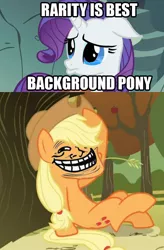 Size: 640x978 | Tagged: applejack, derpibooru import, duckface, meme, meta, rarity, safe, season 3, text, trollface, trolling