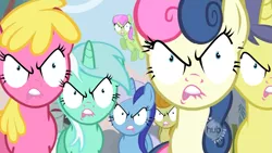 Size: 1277x718 | Tagged: angry, bon bon, bon bon is not amused, carrot top, cherry berry, comet tail, derpibooru import, do i look angry, edit, edited screencap, facebomb, golden harvest, hub logo, lip bite, lyra heartstrings, merry may, minuette, neon lights, rising star, safe, screencap, sweetie drops, the super speedy cider squeezy 6000, wrong neighborhood