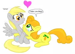 Size: 564x410 | Tagged: safe, artist:shutterflye, derpibooru import, carrot top, derpy hooves, golden harvest, earth pony, pegasus, pony, background pony, blushing, crying, derpytop, female, flockdraw, heart, hug, lesbian, mare, shipping, sproing, wingboner